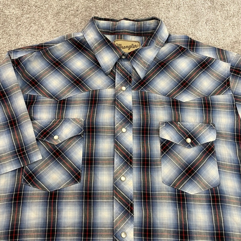 Wrangler Western Shirt Mens 2X Pearl Snap Plaid Short Sleeve Blue